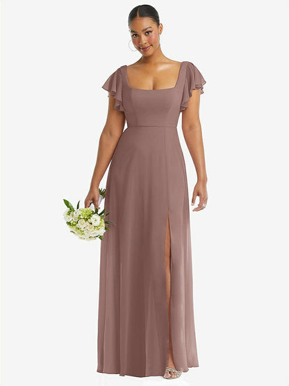 【STYLE: 1568】Flutter Sleeve Scoop Open-Back Chiffon Maxi Dress【COLOR: Sienna】