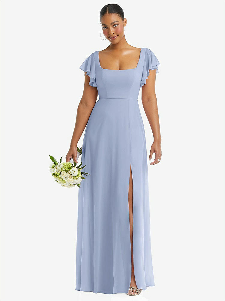 【NEW】【STYLE: 1568】フラッター 袖 スクープ オープンバック シフォン マキシ ドレス【COLOR: Sky Blue】【SIZE: 00-30W】