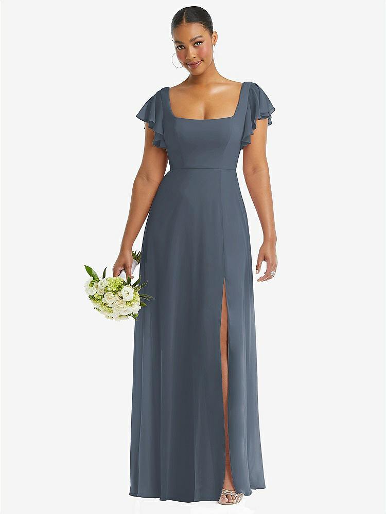 【NEW】【STYLE: 1568】フラッター 袖 スクープ オープンバック シフォン マキシ ドレス【COLOR: Silverstone】【SIZE: 00-30W】