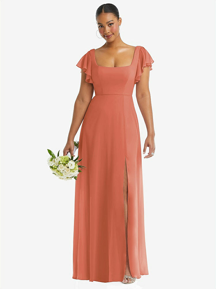 【STYLE: 1568】Flutter Sleeve Scoop Open-Back Chiffon Maxi Dress【COLOR: Terracotta Copper】