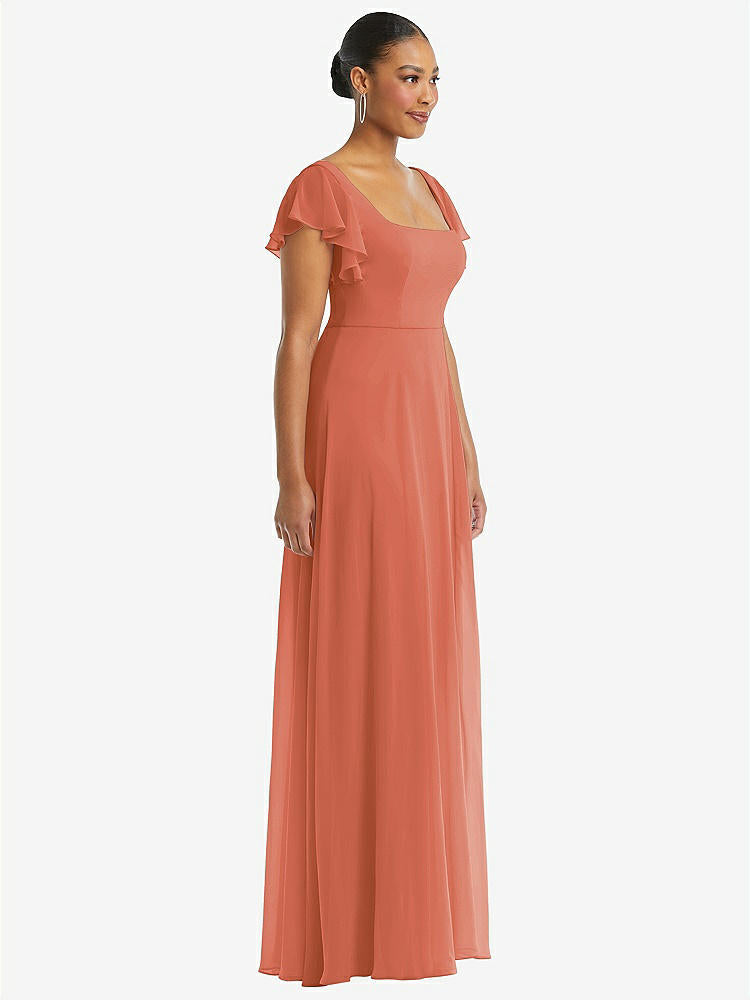 【STYLE: 1568】Flutter Sleeve Scoop Open-Back Chiffon Maxi Dress【COLOR: Terracotta Copper】