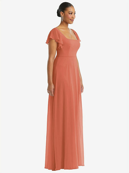 【STYLE: 1568】Flutter Sleeve Scoop Open-Back Chiffon Maxi Dress【COLOR: Terracotta Copper】