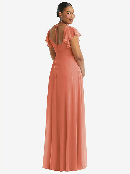 【STYLE: 1568】Flutter Sleeve Scoop Open-Back Chiffon Maxi Dress【COLOR: Terracotta Copper】