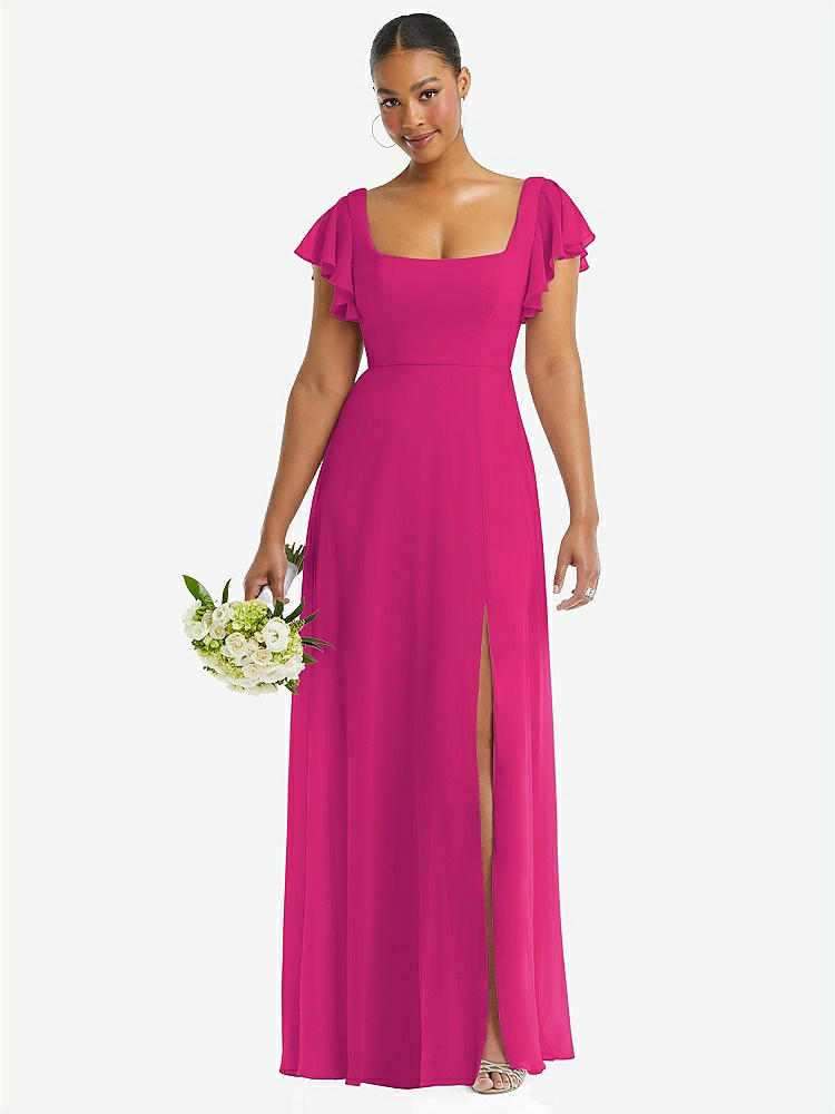 【NEW】【STYLE: 1568】フラッター 袖 スクープ オープンバック シフォン マキシ ドレス【COLOR: Think Pink】【SIZE: 00-30W】