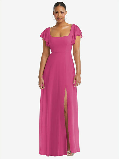 【NEW】【STYLE: 1568】フラッター 袖 スクープ オープンバック シフォン マキシ ドレス【COLOR: Tea Rose】【SIZE: 00-30W】