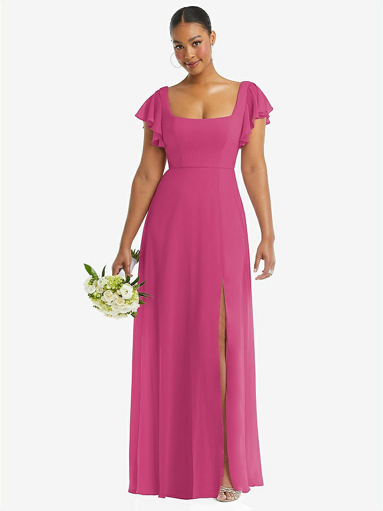 【NEW】【STYLE: 1568】フラッター 袖 スクープ オープンバック シフォン マキシ ドレス【COLOR: Tea Rose】【SIZE: 00-30W】
