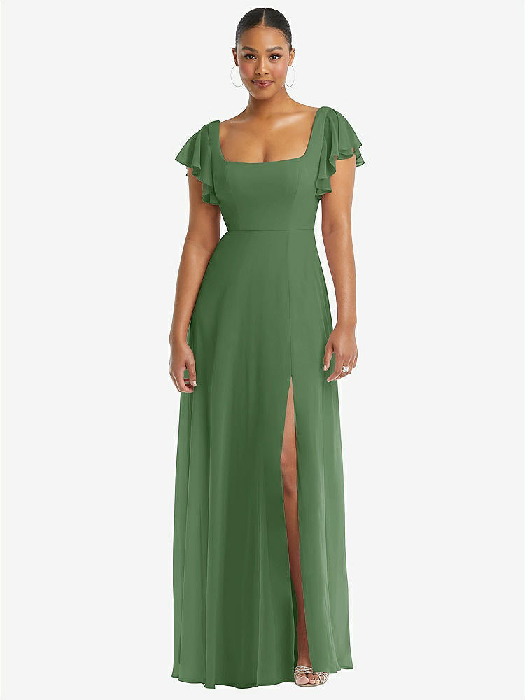 【STYLE: 1568】Flutter Sleeve Scoop Open-Back Chiffon Maxi Dress【COLOR: Vineyard Green】