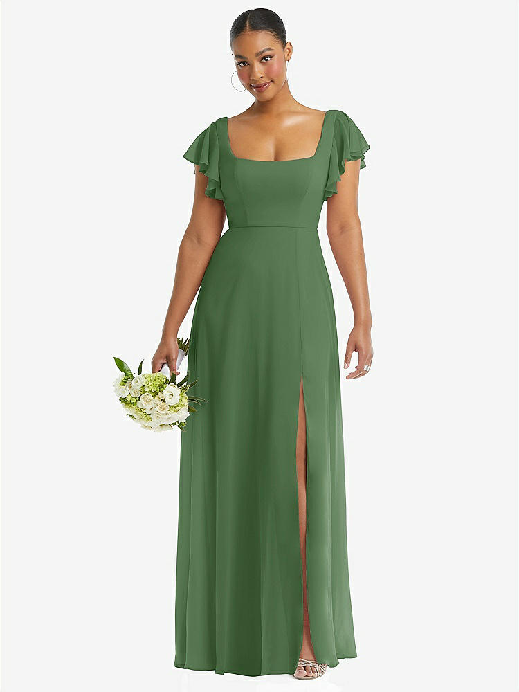 【STYLE: 1568】Flutter Sleeve Scoop Open-Back Chiffon Maxi Dress【COLOR: Vineyard Green】