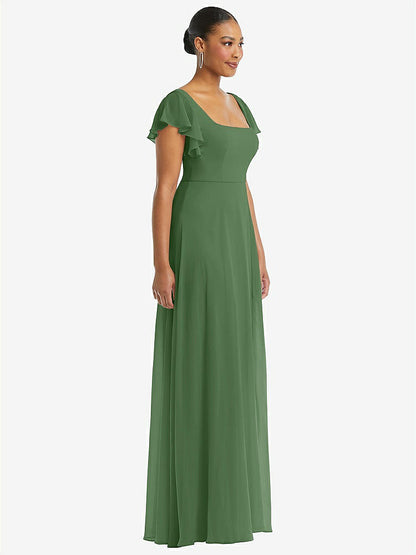【STYLE: 1568】Flutter Sleeve Scoop Open-Back Chiffon Maxi Dress【COLOR: Vineyard Green】