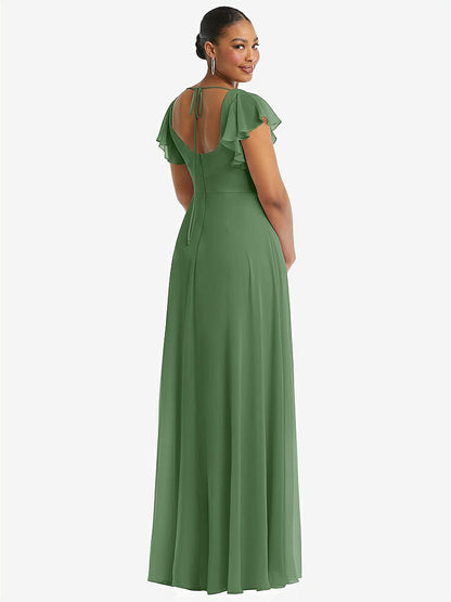 【STYLE: 1568】Flutter Sleeve Scoop Open-Back Chiffon Maxi Dress【COLOR: Vineyard Green】