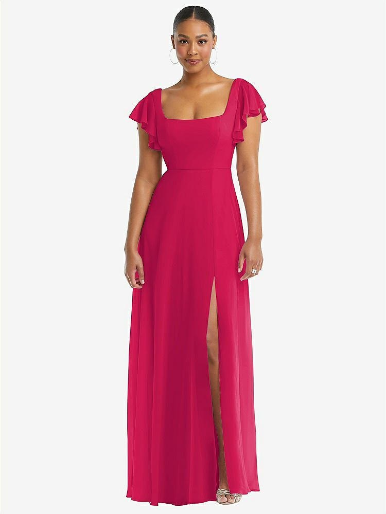 【STYLE: 1568】Flutter Sleeve Scoop Open-Back Chiffon Maxi Dress【COLOR: Vivid Pink】
