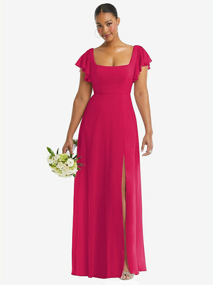 【STYLE: 1568】Flutter Sleeve Scoop Open-Back Chiffon Maxi Dress【COLOR: Vivid Pink】