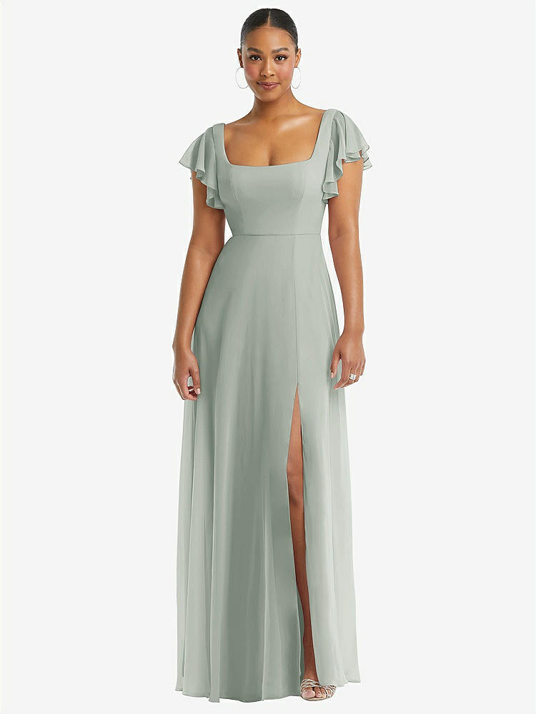 【STYLE: 1568】Flutter Sleeve Scoop Open-Back Chiffon Maxi Dress【COLOR: Willow Green】