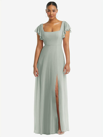 【STYLE: 1568】Flutter Sleeve Scoop Open-Back Chiffon Maxi Dress【COLOR: Willow Green】