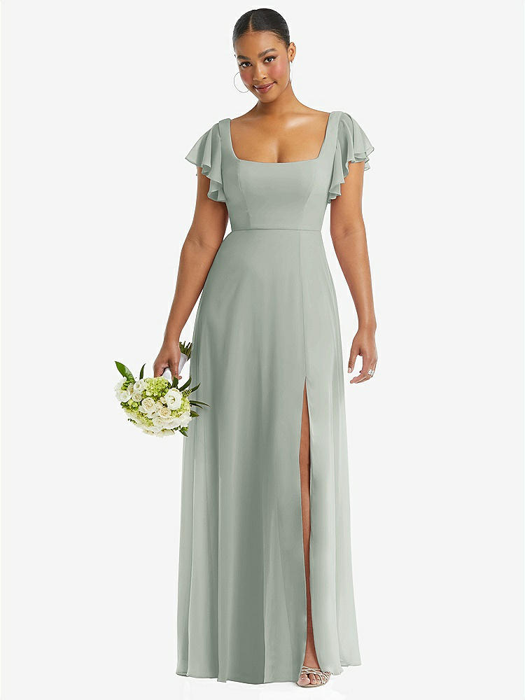 【STYLE: 1568】Flutter Sleeve Scoop Open-Back Chiffon Maxi Dress【COLOR: Willow Green】