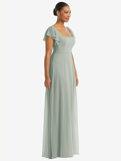 【STYLE: 1568】Flutter Sleeve Scoop Open-Back Chiffon Maxi Dress【COLOR: Willow Green】
