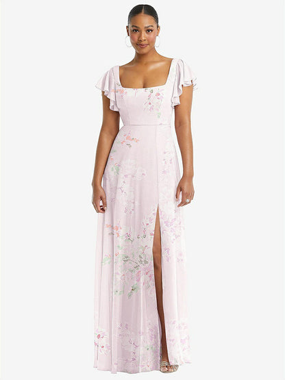 【STYLE: 1568】Flutter Sleeve Scoop Open-Back Chiffon Maxi Dress【COLOR: Watercolor Print】
