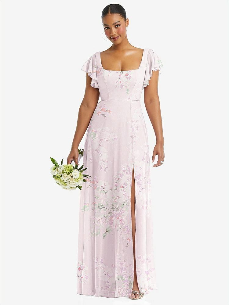 【STYLE: 1568】Flutter Sleeve Scoop Open-Back Chiffon Maxi Dress【COLOR: Watercolor Print】