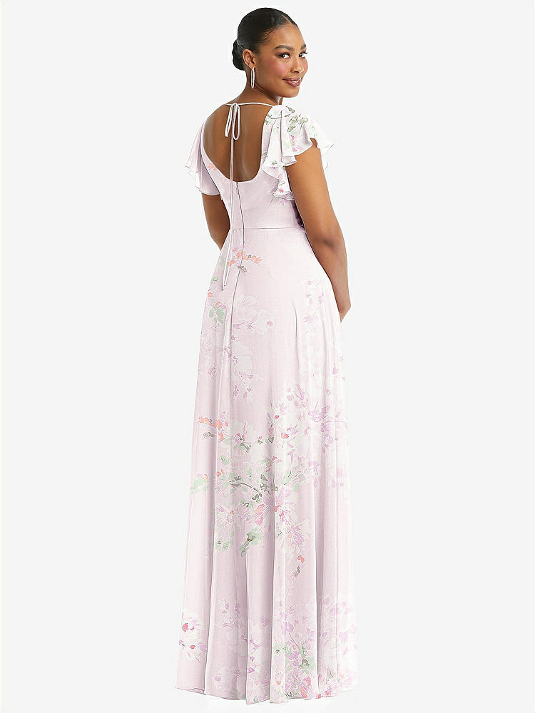 【STYLE: 1568】Flutter Sleeve Scoop Open-Back Chiffon Maxi Dress【COLOR: Watercolor Print】
