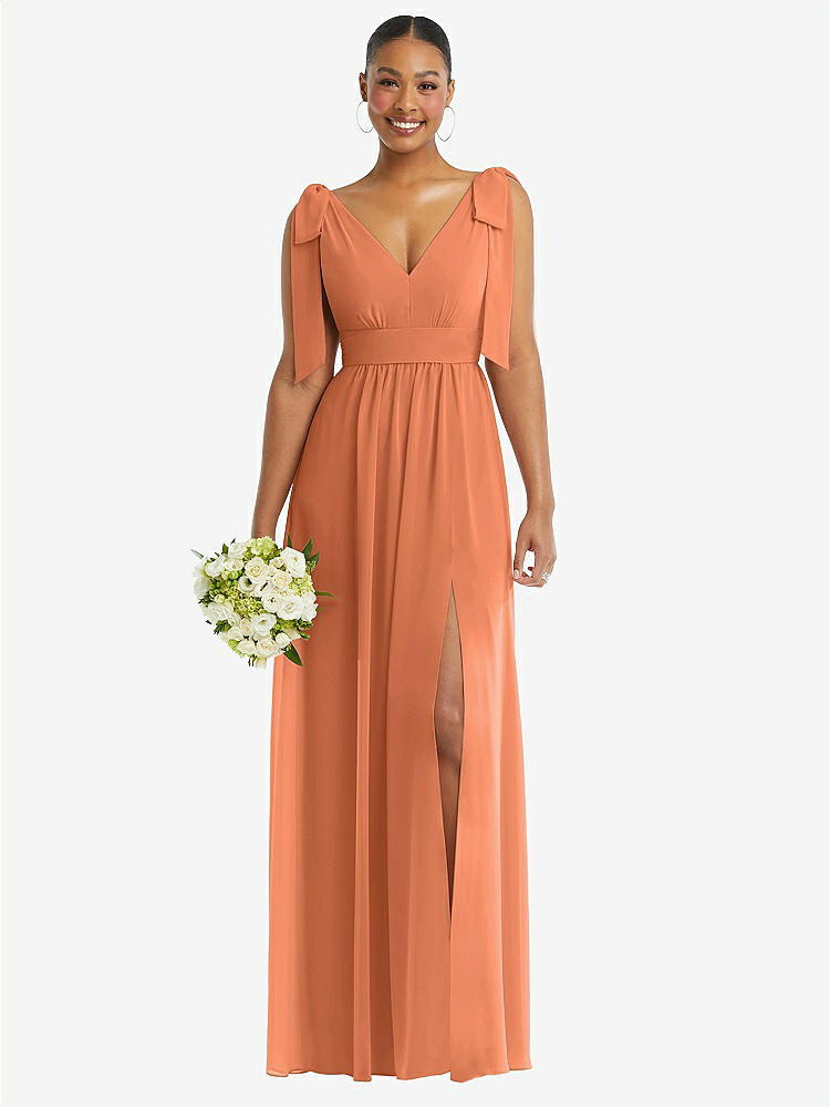 STYLE 1569 Plunge Neckline Bow Shoulder Empire Waist Chiffon Maxi Dress COLOR Sweet Melon