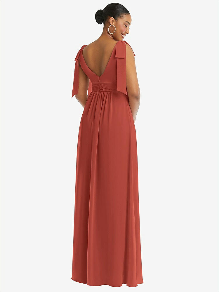 【STYLE: 1569】Plunge Neckline Bow Shoulder Empire Waist Chiffon Maxi Dress【COLOR: Amber Sunset】