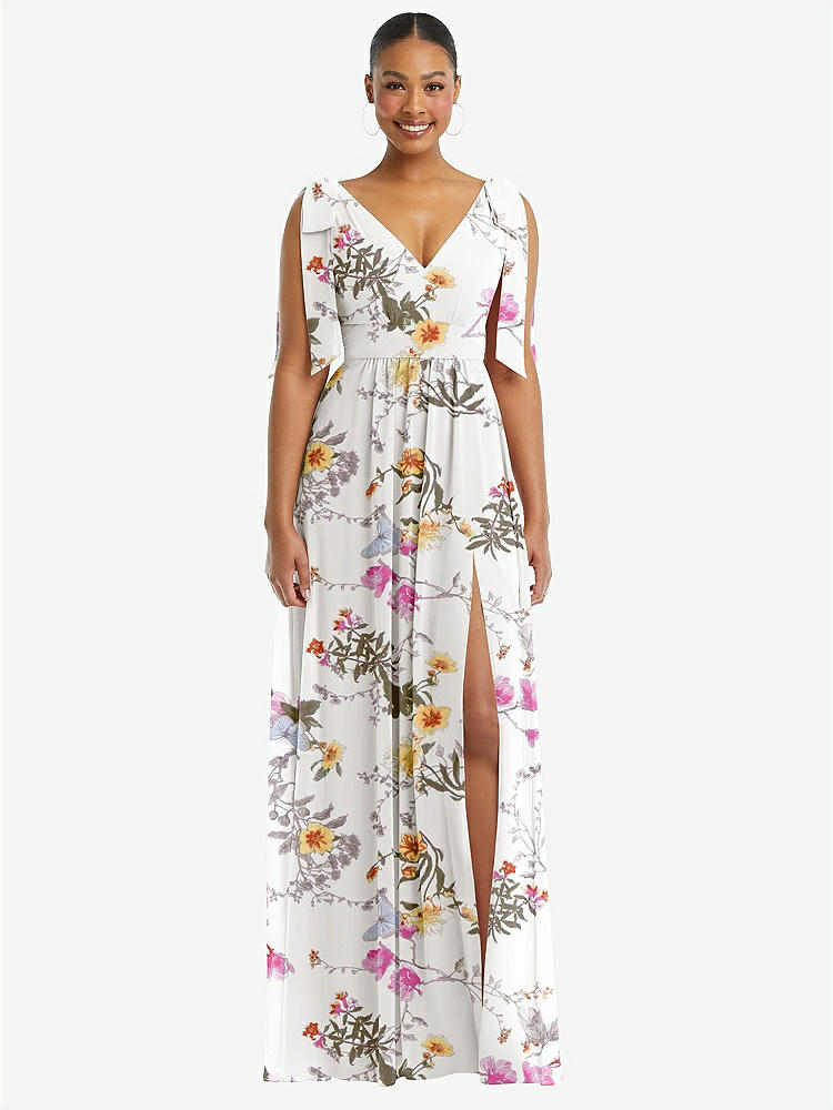 【STYLE: 1569】Plunge Neckline Bow Shoulder Empire Waist Chiffon Maxi Dress【COLOR: Butterfly Botanica Ivory】