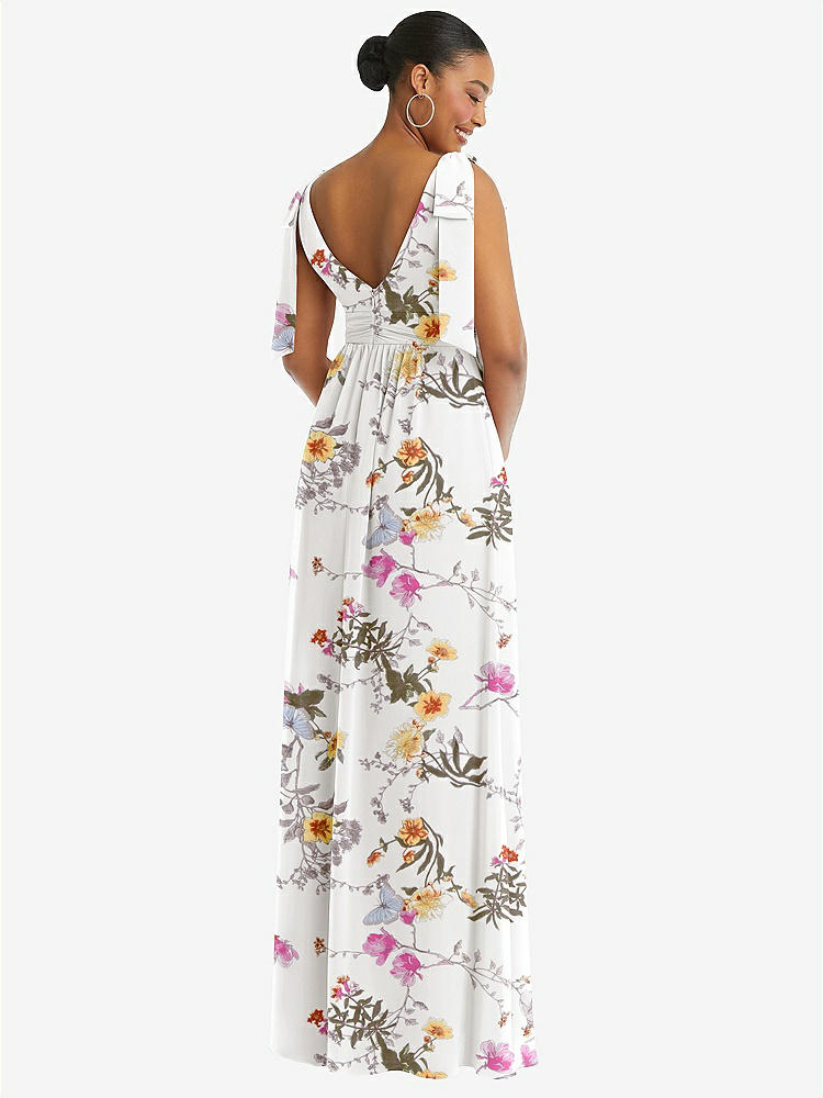 【STYLE: 1569】Plunge Neckline Bow Shoulder Empire Waist Chiffon Maxi Dress【COLOR: Butterfly Botanica Ivory】