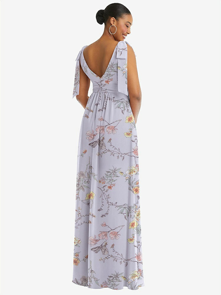 【STYLE: 1569】Plunge Neckline Bow Shoulder Empire Waist Chiffon Maxi Dress【COLOR: Butterfly Botanica Silver Dove】