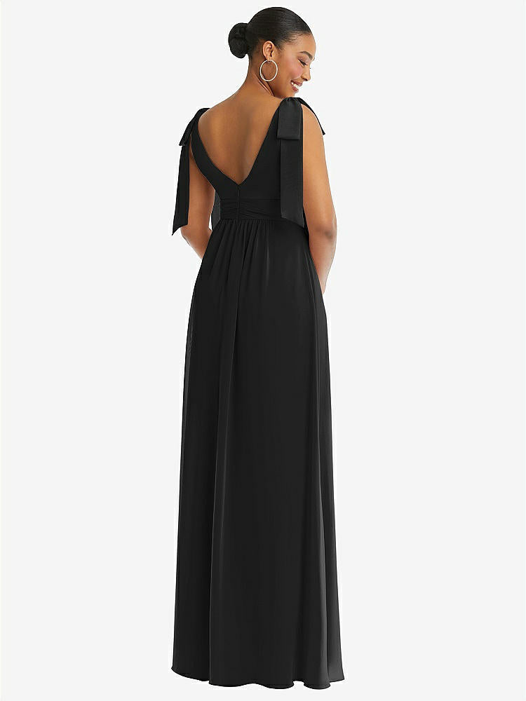 【STYLE: 1569】Plunge Neckline Bow Shoulder Empire Waist Chiffon Maxi Dress【COLOR: Black】