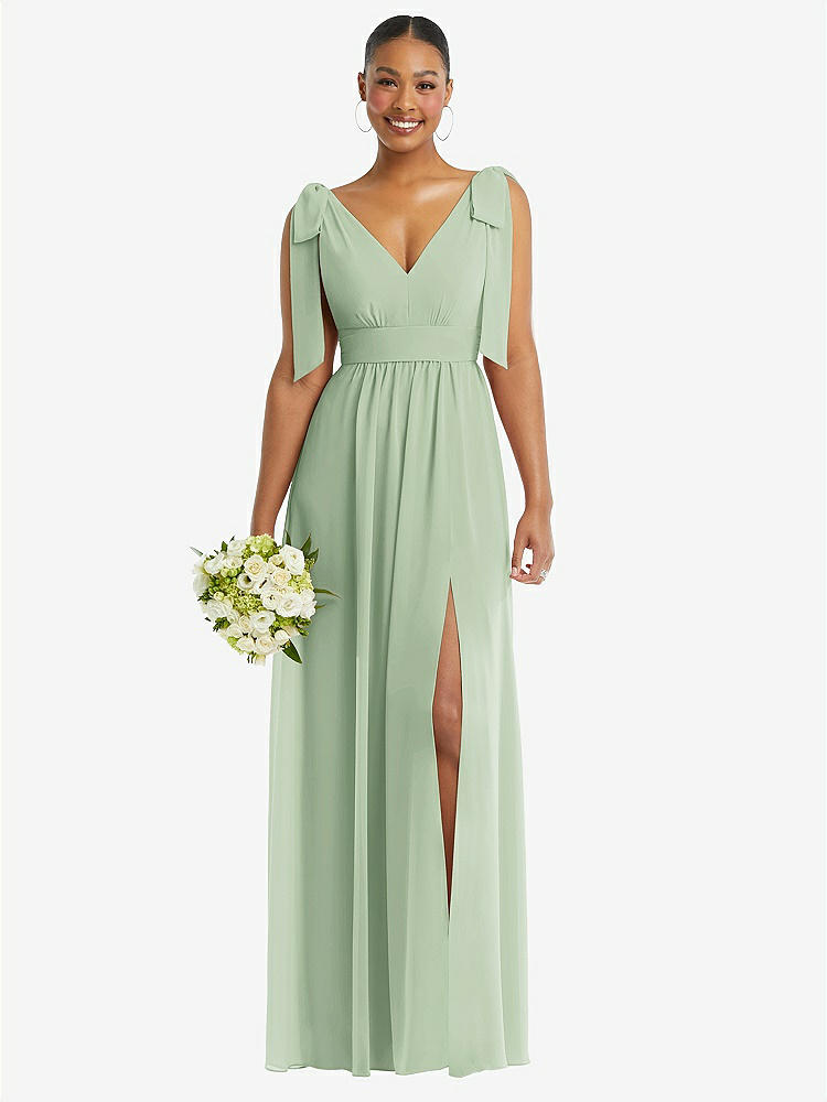 【STYLE: 1569】Plunge Neckline Bow Shoulder Empire Waist Chiffon Maxi Dress【COLOR: Celadon】