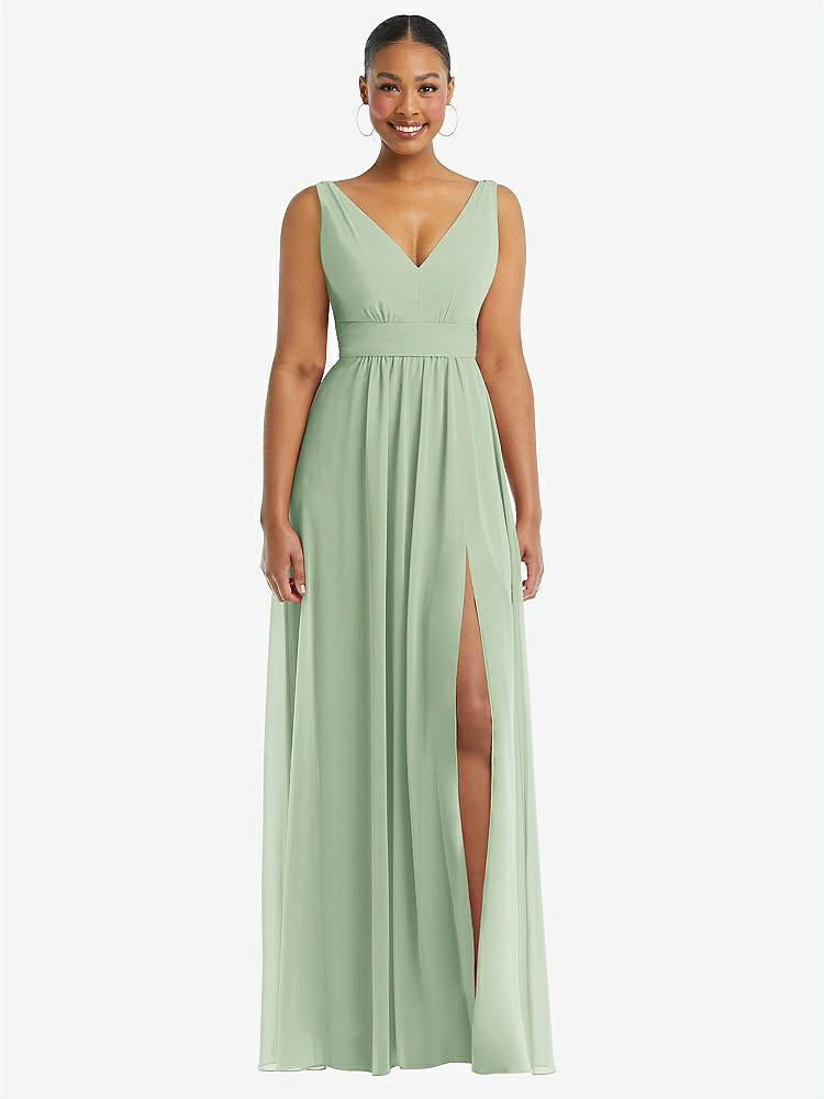 【STYLE: 1569】Plunge Neckline Bow Shoulder Empire Waist Chiffon Maxi Dress【COLOR: Celadon】