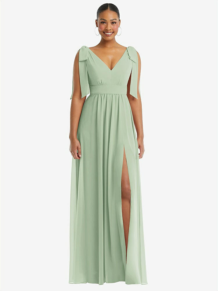 【STYLE: 1569】Plunge Neckline Bow Shoulder Empire Waist Chiffon Maxi Dress【COLOR: Celadon】