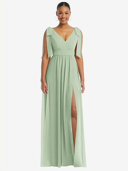 【STYLE: 1569】Plunge Neckline Bow Shoulder Empire Waist Chiffon Maxi Dress【COLOR: Celadon】
