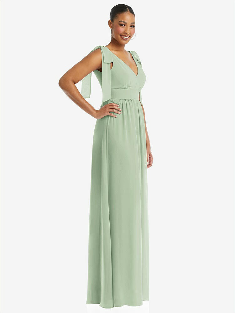 【STYLE: 1569】Plunge Neckline Bow Shoulder Empire Waist Chiffon Maxi Dress【COLOR: Celadon】