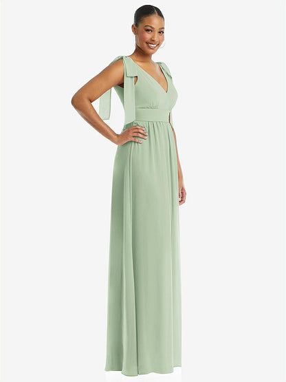【STYLE: 1569】Plunge Neckline Bow Shoulder Empire Waist Chiffon Maxi Dress【COLOR: Celadon】
