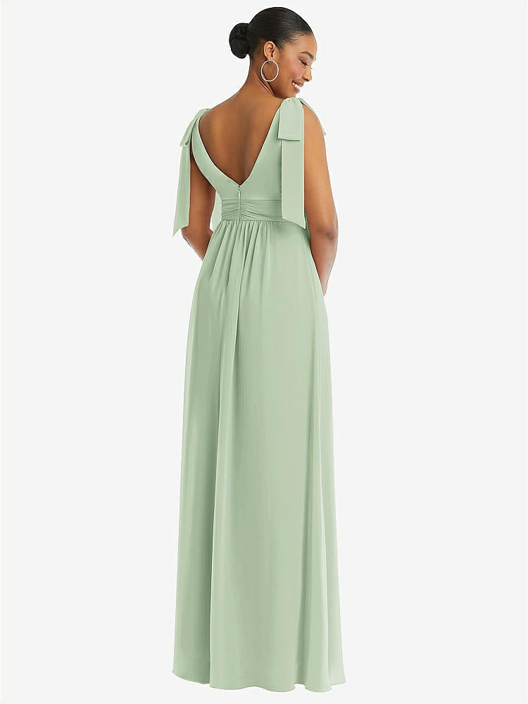 【STYLE: 1569】Plunge Neckline Bow Shoulder Empire Waist Chiffon Maxi Dress【COLOR: Celadon】