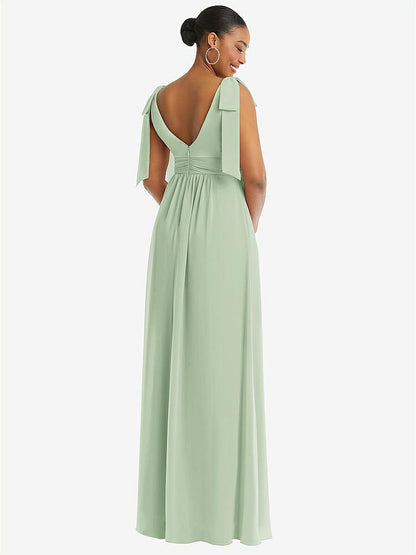 【STYLE: 1569】Plunge Neckline Bow Shoulder Empire Waist Chiffon Maxi Dress【COLOR: Celadon】