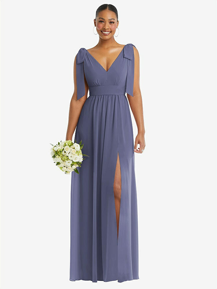 【STYLE: 1569】Plunge Neckline Bow Shoulder Empire Waist Chiffon Maxi Dress【COLOR: French Blue】