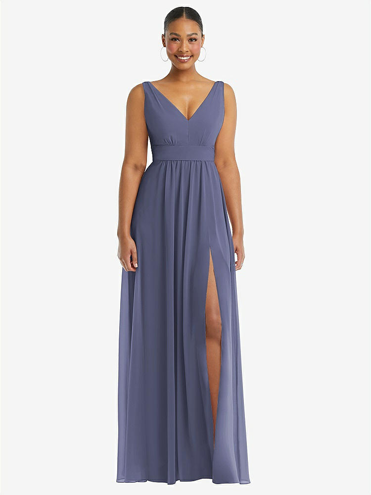 【STYLE: 1569】Plunge Neckline Bow Shoulder Empire Waist Chiffon Maxi Dress【COLOR: French Blue】