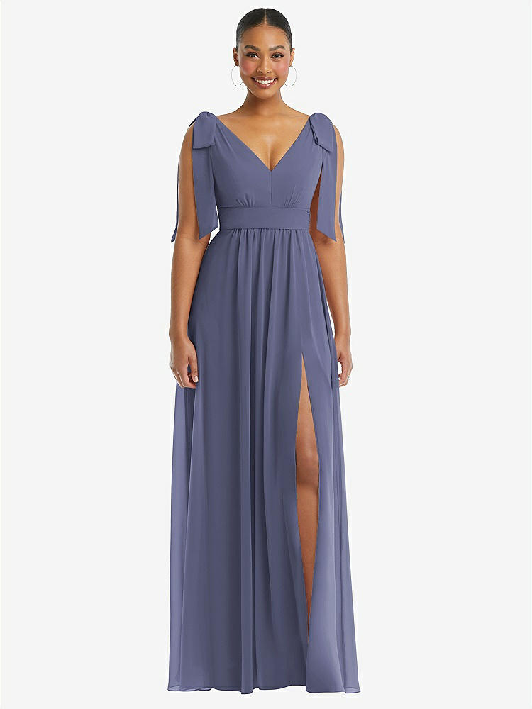 【STYLE: 1569】Plunge Neckline Bow Shoulder Empire Waist Chiffon Maxi Dress【COLOR: French Blue】