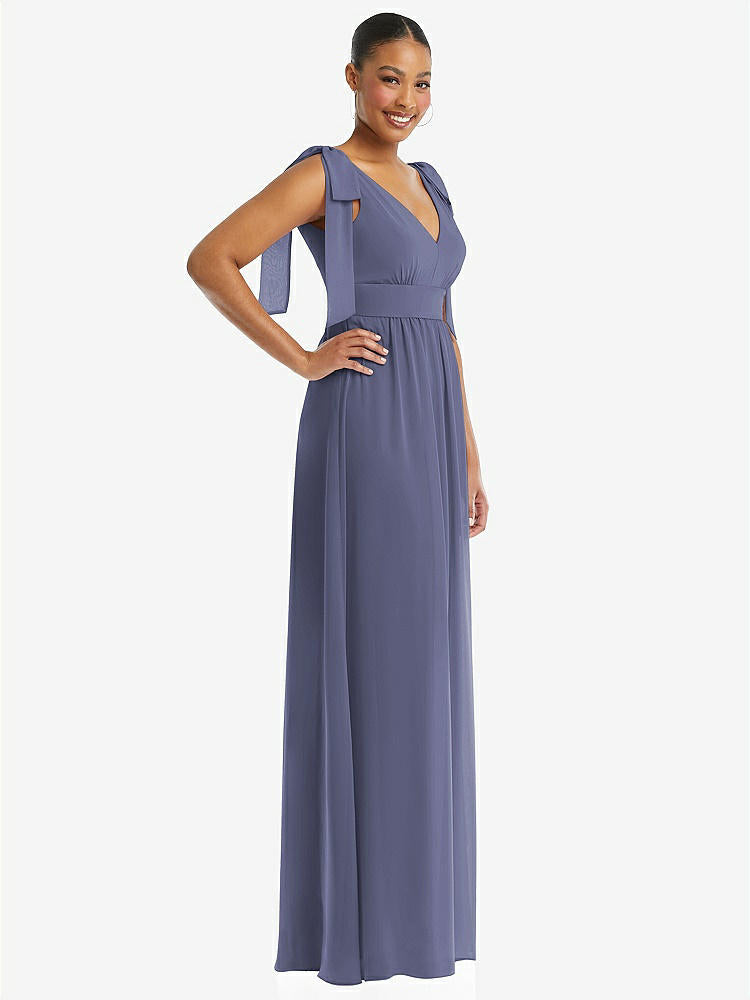 【STYLE: 1569】Plunge Neckline Bow Shoulder Empire Waist Chiffon Maxi Dress【COLOR: French Blue】
