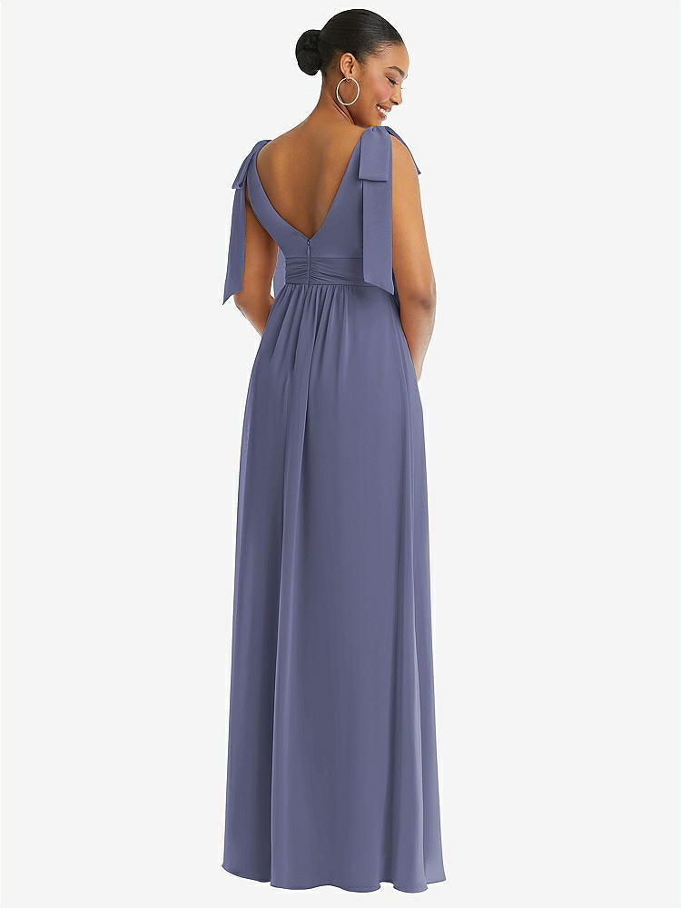 【STYLE: 1569】Plunge Neckline Bow Shoulder Empire Waist Chiffon Maxi Dress【COLOR: French Blue】