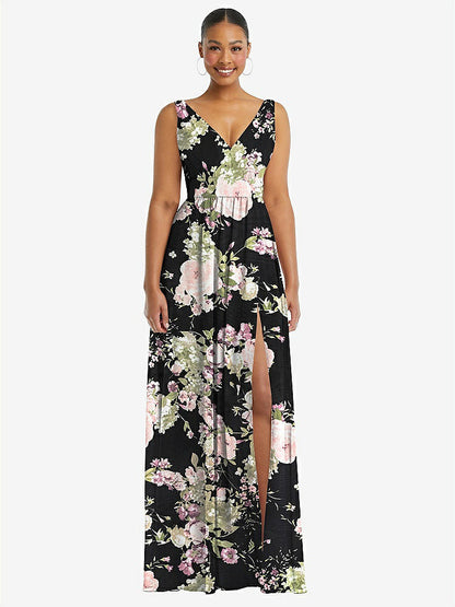 【STYLE: 1569】Plunge Neckline Bow Shoulder Empire Waist Chiffon Maxi Dress【COLOR: Noir Garden】