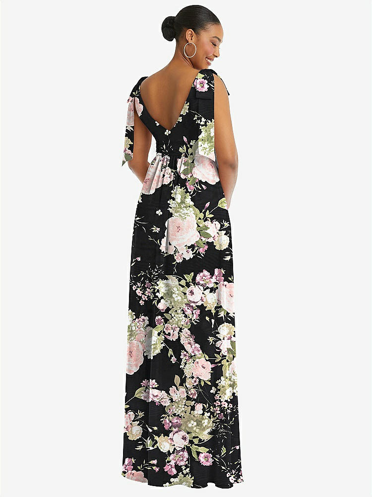 【STYLE: 1569】Plunge Neckline Bow Shoulder Empire Waist Chiffon Maxi Dress【COLOR: Noir Garden】