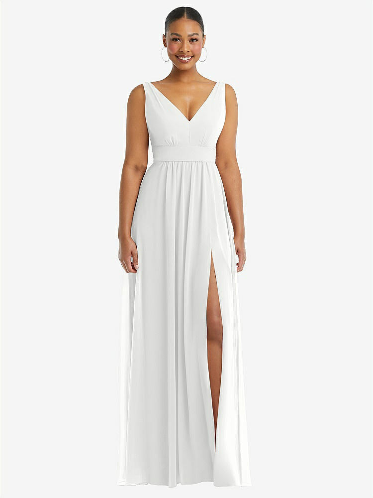 【STYLE: 1569】Plunge Neckline Bow Shoulder Empire Waist Chiffon Maxi Dress【COLOR: White】