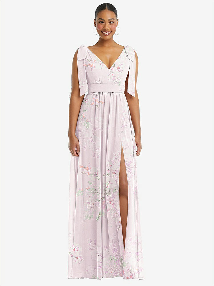 【STYLE: 1569】Plunge Neckline Bow Shoulder Empire Waist Chiffon Maxi Dress【COLOR: Watercolor Print】