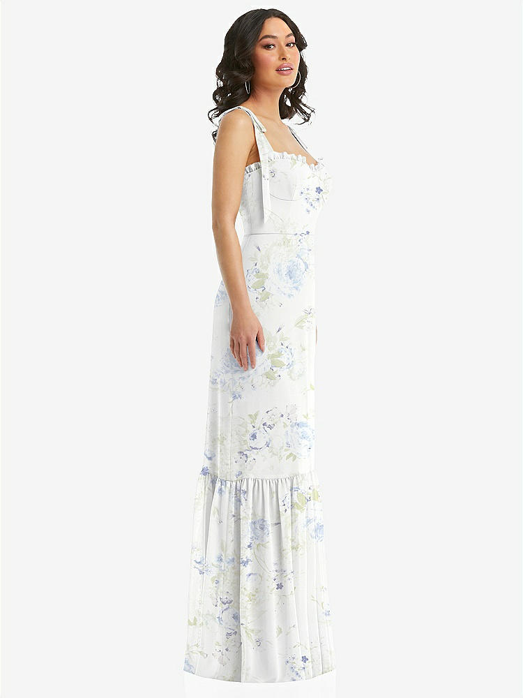 【STYLE: 1570】Tie-Shoulder Bustier Bodice Ruffle-Hem Maxi Dress【COLOR: Bleu Garden】