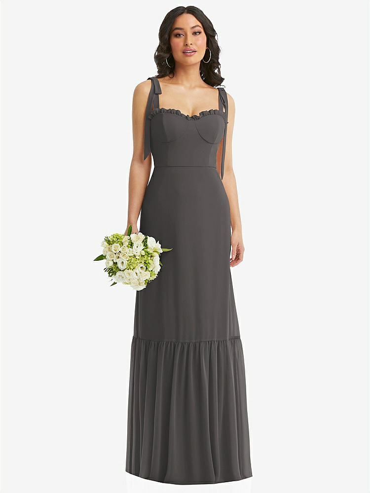 【STYLE: 1570】Tie-Shoulder Bustier Bodice Ruffle-Hem Maxi Dress【COLOR: Caviar Gray】