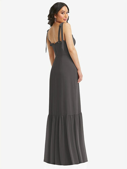 【STYLE: 1570】Tie-Shoulder Bustier Bodice Ruffle-Hem Maxi Dress【COLOR: Caviar Gray】
