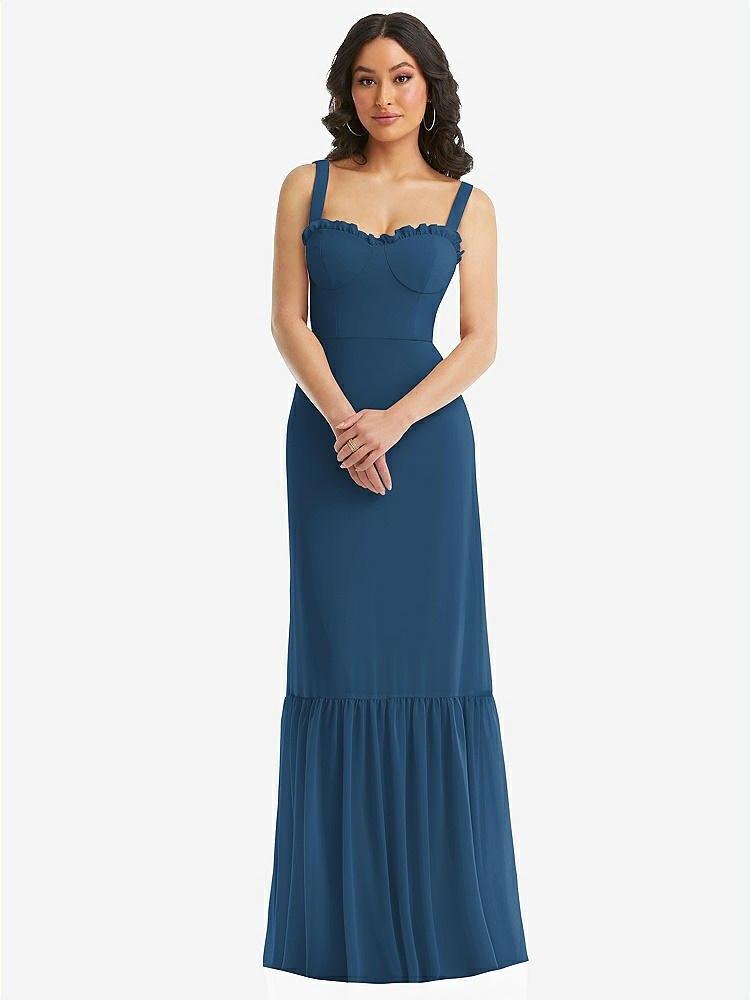 【STYLE: 1570】Tie-Shoulder Bustier Bodice Ruffle-Hem Maxi Dress【COLOR: Dusk Blue】